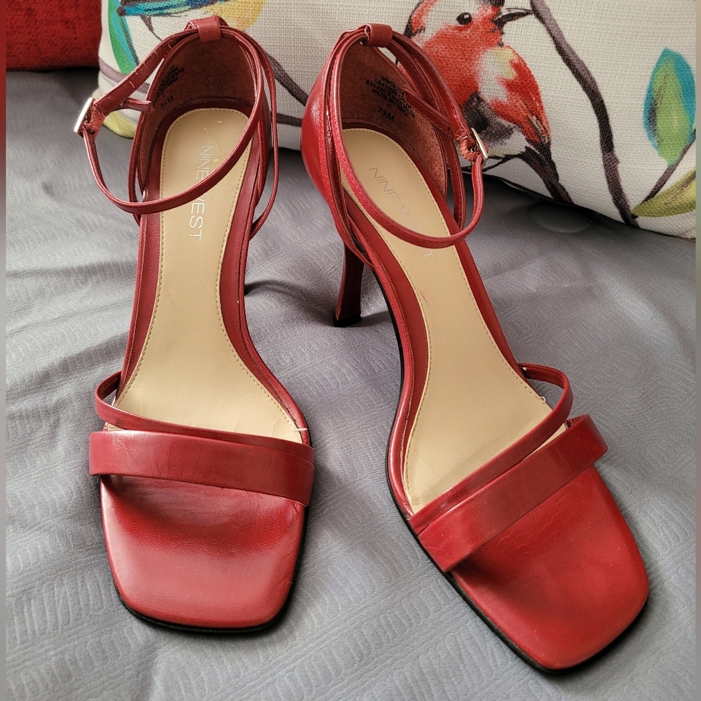 Nine West Leather Ankle Strappy Sandal Heel - Sz 7.5, Red